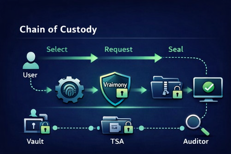 Diagram showing a chain-of-custody flow from request through sealing and audit.