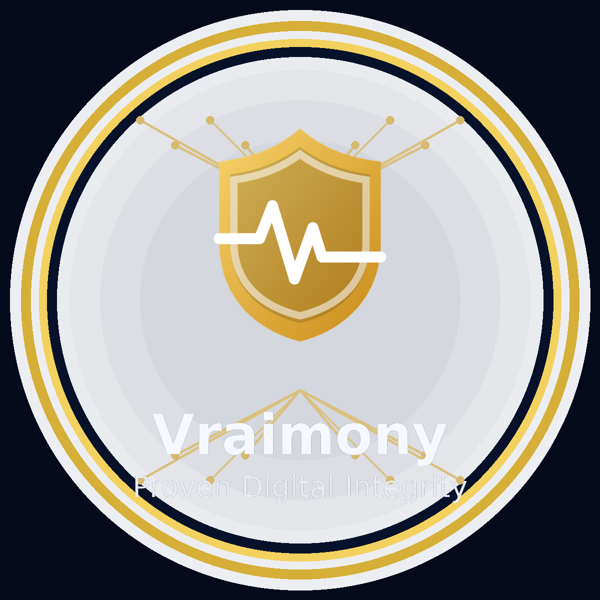 Vraimony golden shield emblem used as a brand mark for the demo front door.